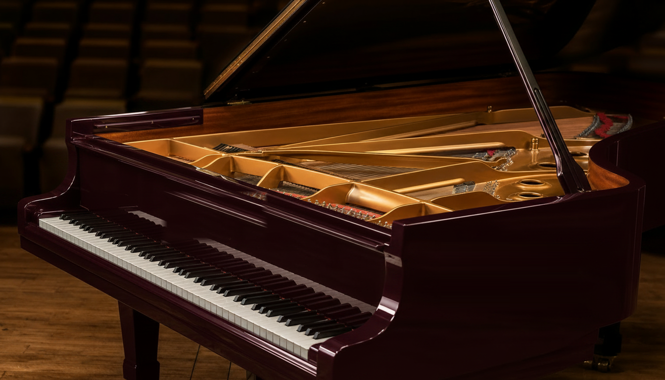 Piano de cauda Steinway & Sons em laca bordô sobre o palco de concerto da Magnificat